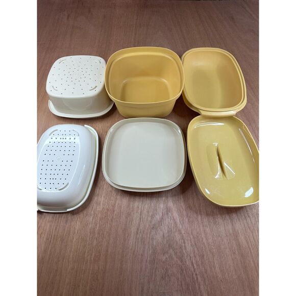 Tupperware Microwave Steamer Lot of 2 Yellow White Colander Insert Sets Vintage - Picture 3 of 4